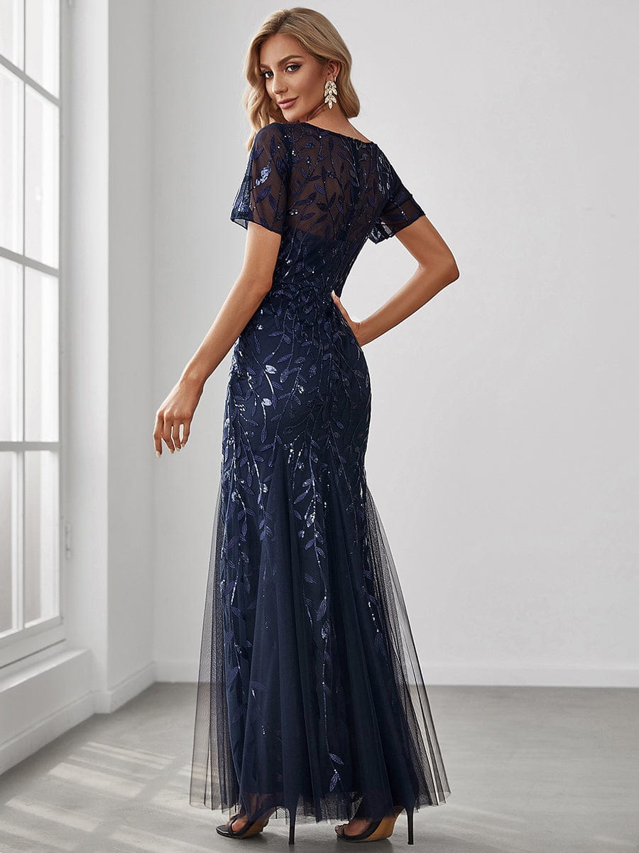 Custom Size Sequin Leaf Maxi Long Fishtail Tulle Prom Dresses With Half Sleeves #color_Navy Blue