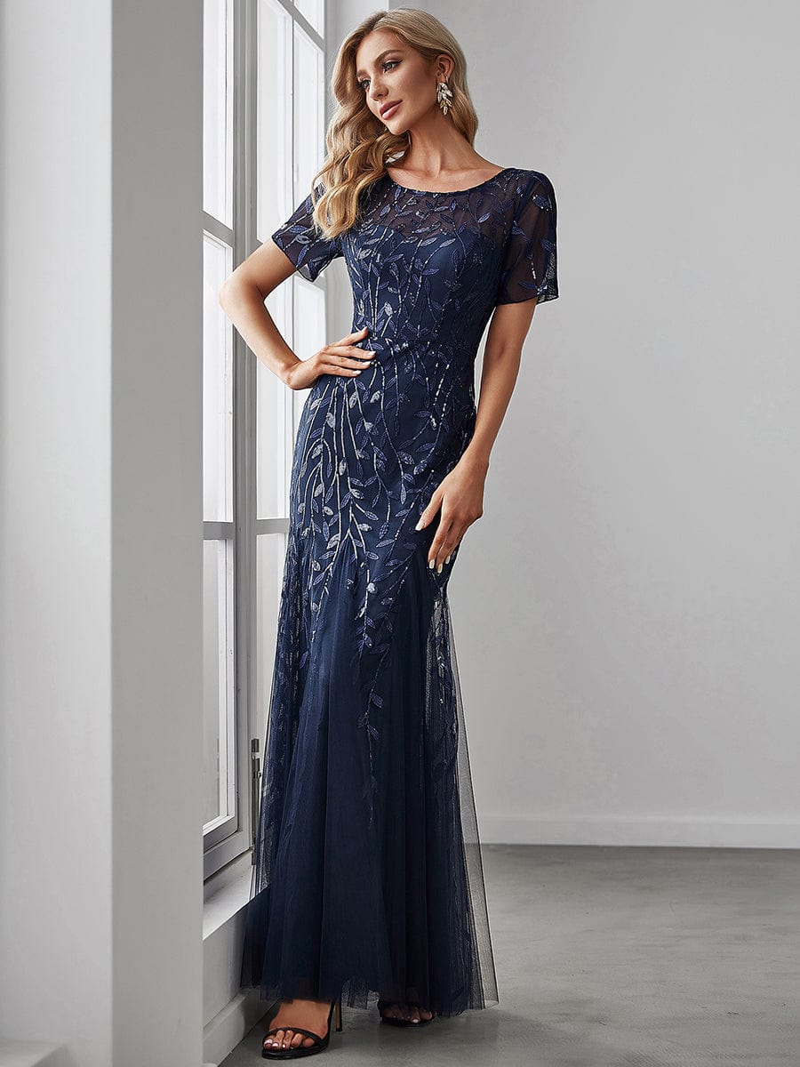 Custom Size Sequin Leaf Maxi Long Fishtail Tulle Prom Dresses With Half Sleeves #color_Navy Blue