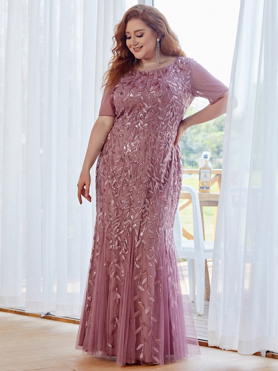 Plus Size Sequin Leaf Long Mermaid Tulle Prom Dress #color_Purple Orchid