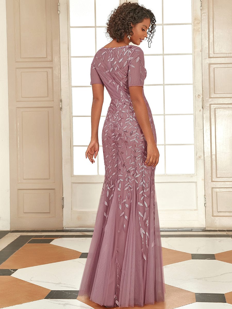 Sequin Leaf Maxi Long Fishtail Tulle Prom Dress With Half Sleeve #color_Purple Orchid