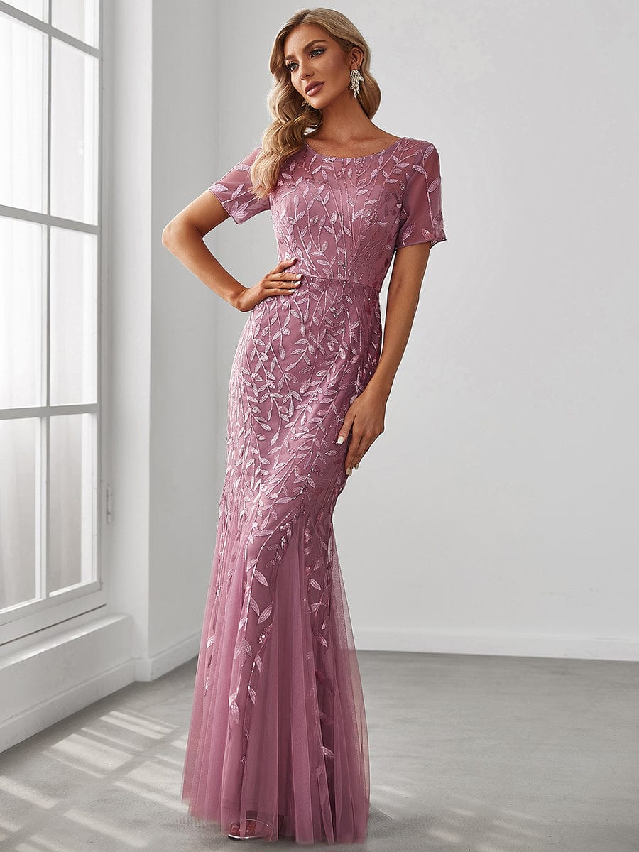 Custom Size Sequin Leaf Maxi Long Fishtail Tulle Prom Dresses With Half Sleeves #color_Purple Orchid