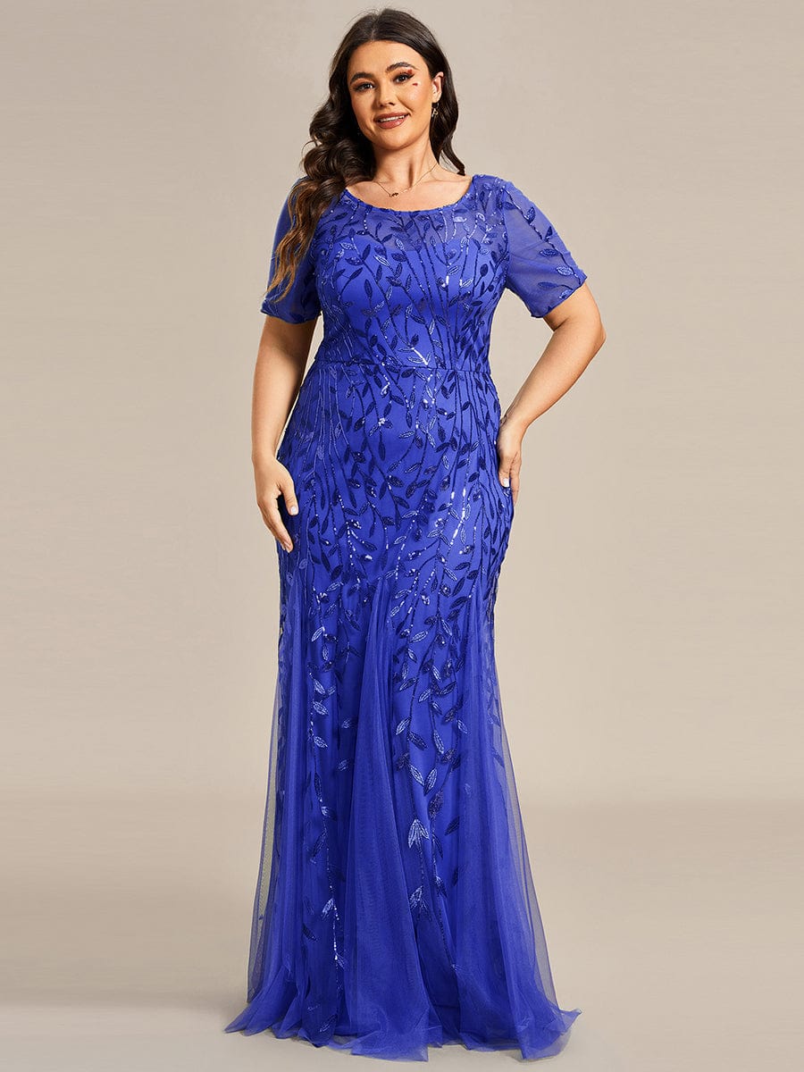 Custom Size Sequin Leaf Maxi Long Fishtail Tulle Prom Dresses With Half Sleeves #color_Sapphire Blue