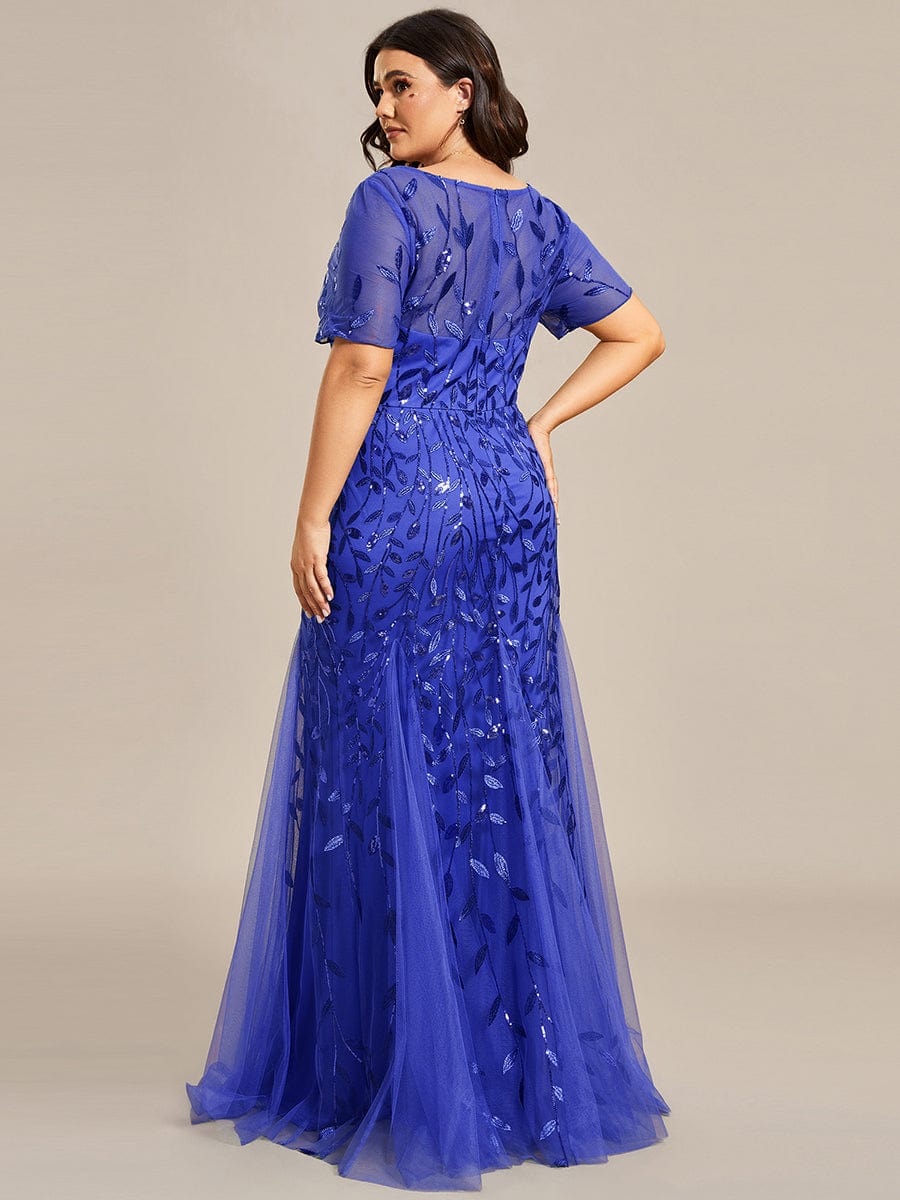 Custom Size Sequin Leaf Maxi Long Fishtail Tulle Prom Dresses With Half Sleeves #color_Sapphire Blue