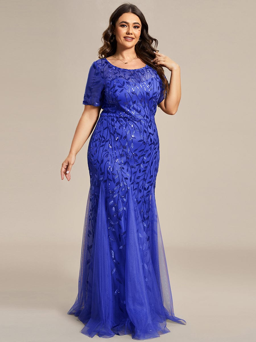 Custom Size Sequin Leaf Maxi Long Fishtail Tulle Prom Dresses With Half Sleeves #color_Sapphire Blue