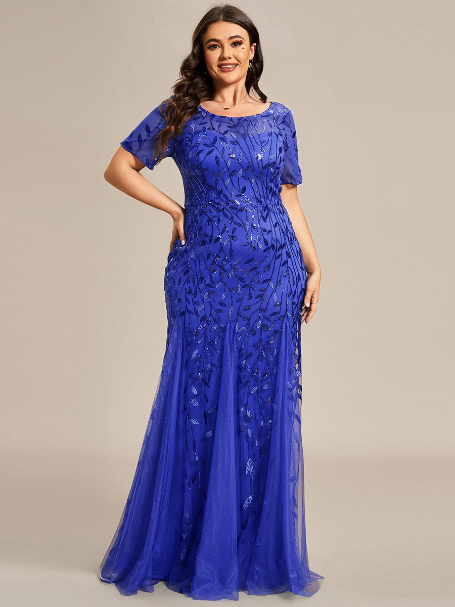 Custom Size Sequin Leaf Maxi Long Fishtail Tulle Prom Dresses With Half Sleeves #color_Sapphire Blue