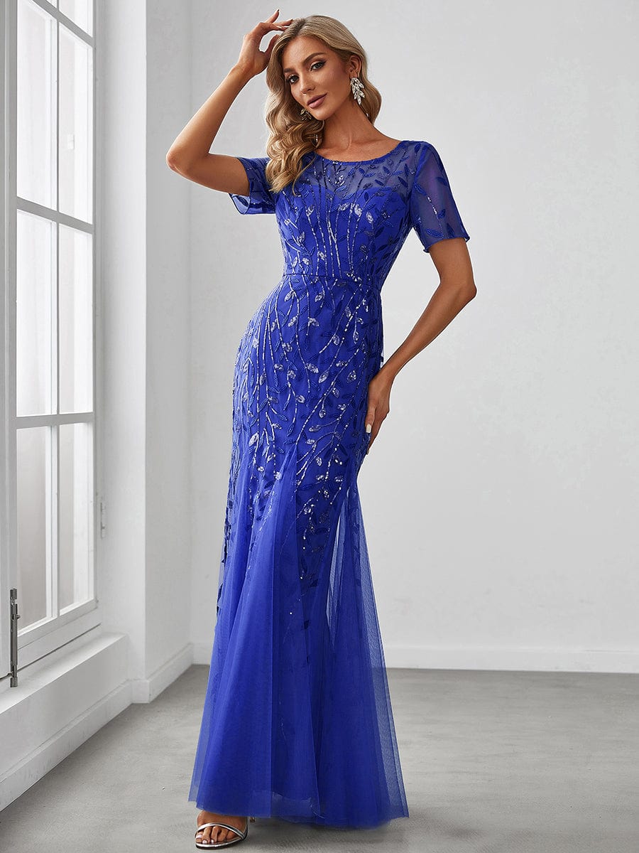 Custom Size Sequin Leaf Maxi Long Fishtail Tulle Prom Dresses With Half Sleeves #color_Sapphire Blue