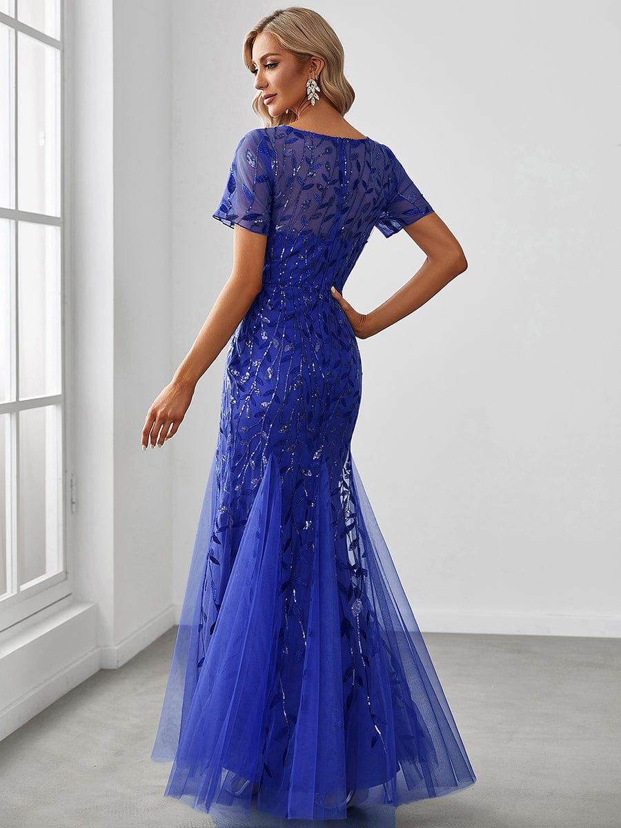 Custom Size Sequin Leaf Maxi Long Fishtail Tulle Prom Dresses With Half Sleeves #color_Sapphire Blue