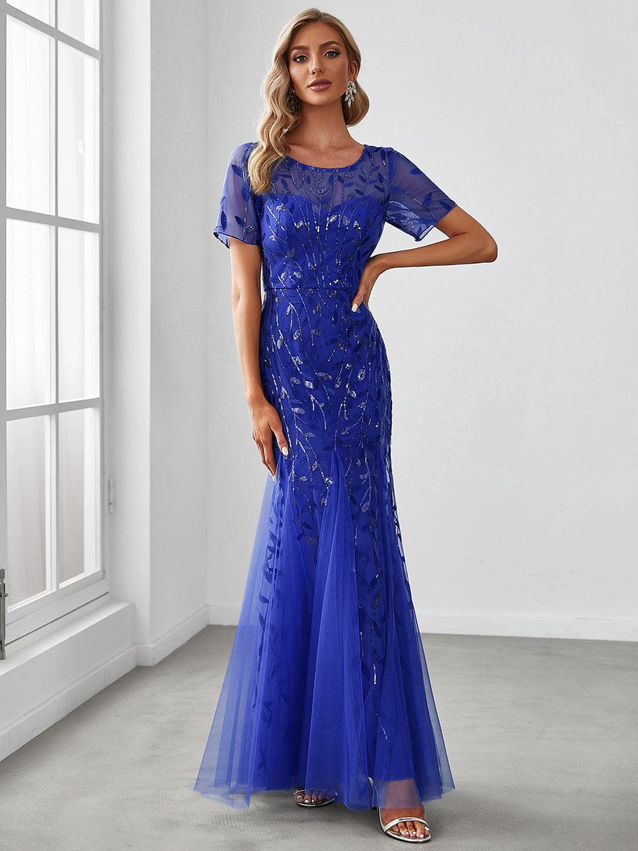 Custom Size Sequin Leaf Maxi Long Fishtail Tulle Prom Dresses With Half Sleeves #color_Sapphire Blue