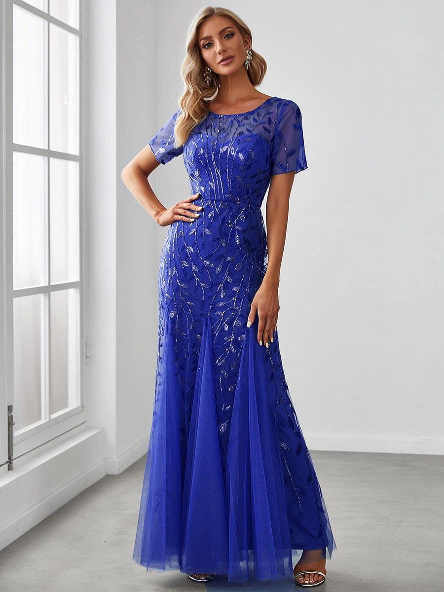 Custom Size Sequin Leaf Maxi Long Fishtail Tulle Prom Dresses With Half Sleeves #color_Sapphire Blue