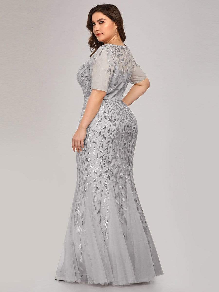 Plus Size Sequin Leaf Long Mermaid Tulle Prom Dress #color_Silver