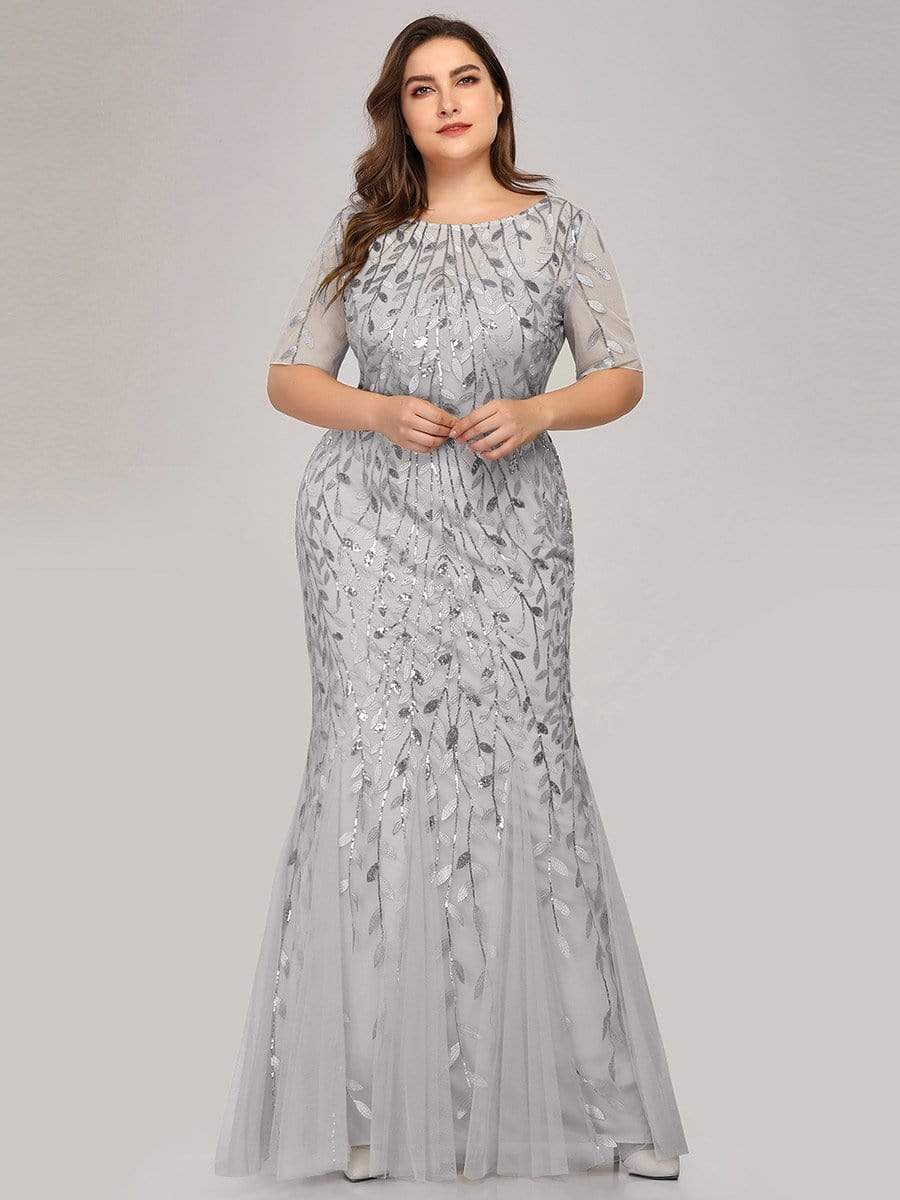 Plus Size Sequin Leaf Long Mermaid Tulle Prom Dress #color_Silver