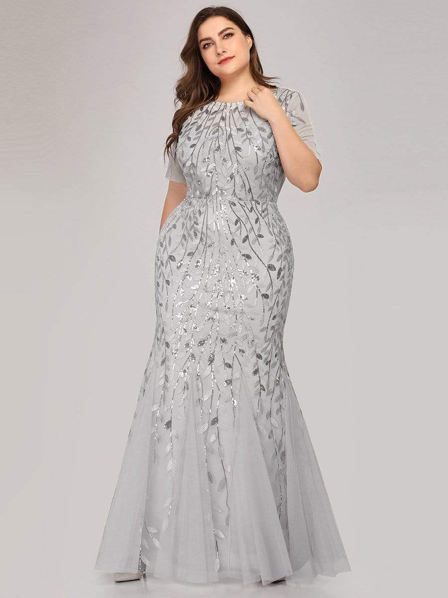 Plus Size Sequin Leaf Long Mermaid Tulle Prom Dress #color_Silver