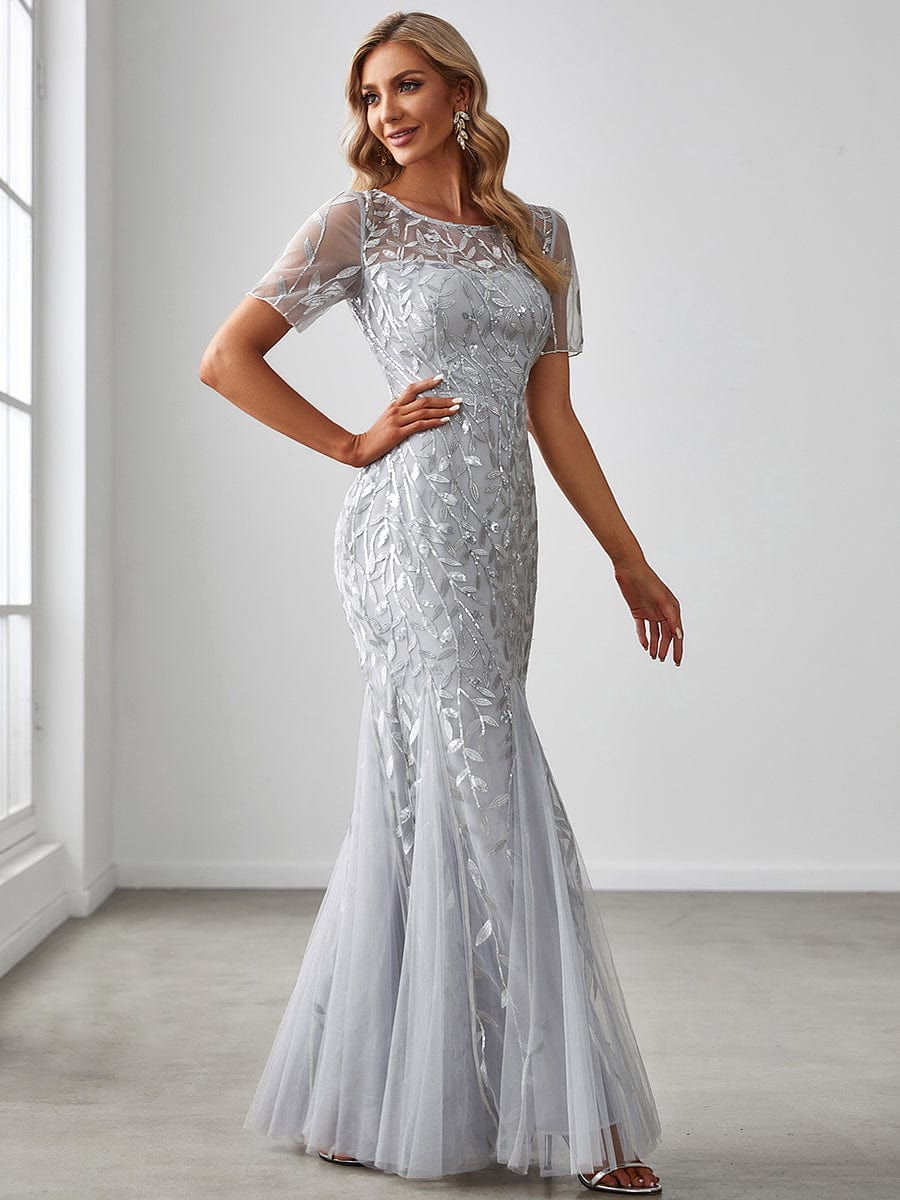 Custom Size Sequin Leaf Maxi Long Fishtail Tulle Prom Dresses With Half Sleeves #color_Silver