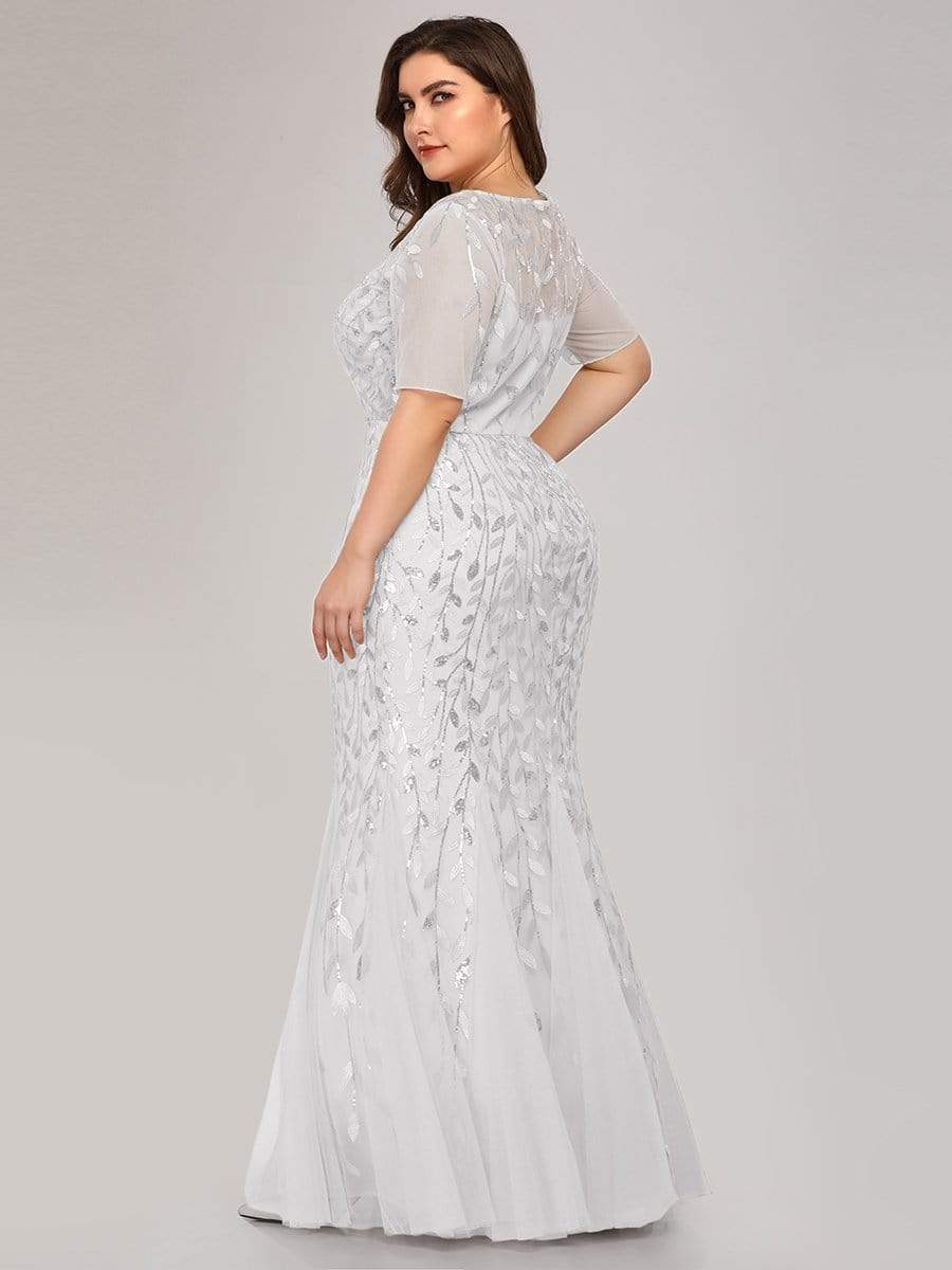 Plus Size Sequin Leaf Long Mermaid Tulle Prom Dress #color_White