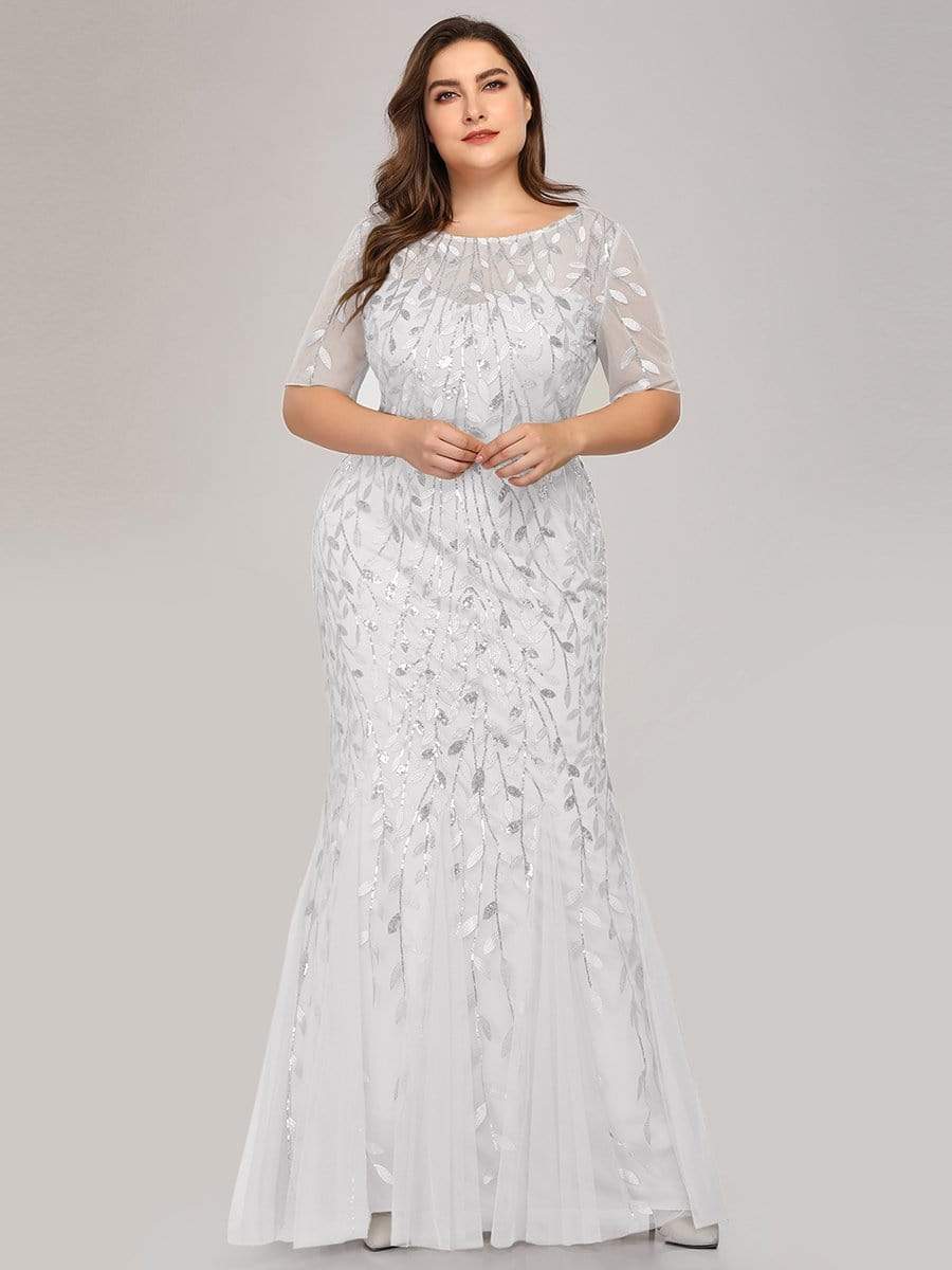 Plus Size Sequin Leaf Long Mermaid Tulle Prom Dress #color_White