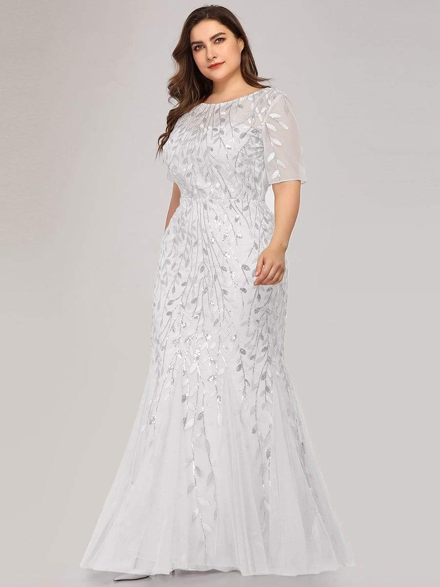 Plus Size Sequin Leaf Long Mermaid Tulle Prom Dress #color_White