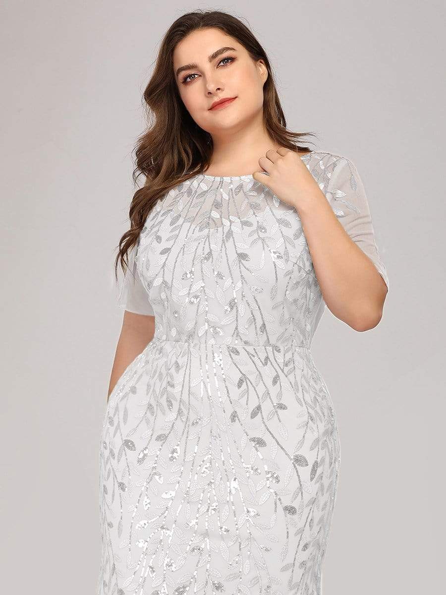 Plus Size Sequin Leaf Long Mermaid Tulle Prom Dress #color_White