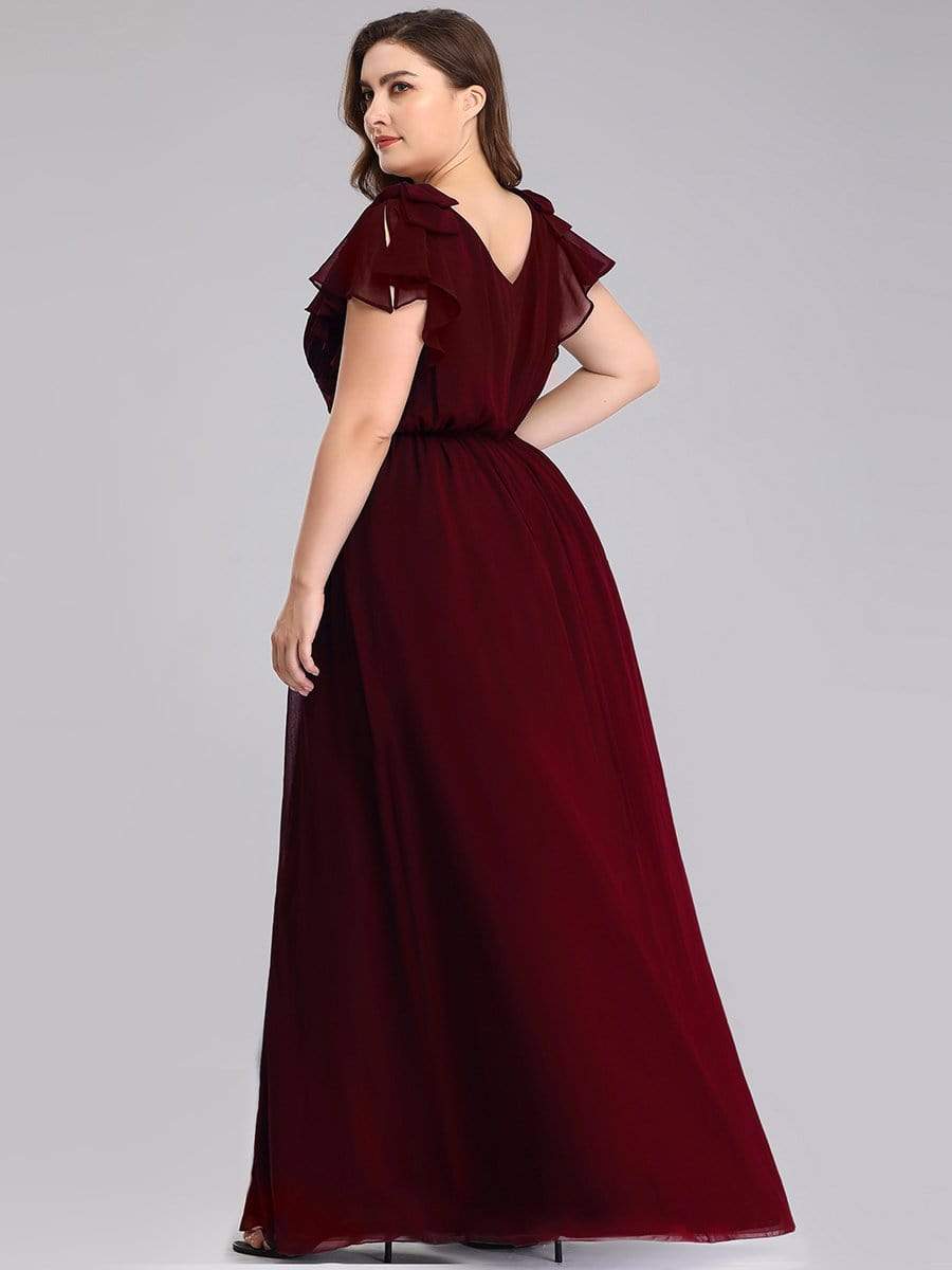 Maxi Long Chiffon Evening Dress for Women with Ruffles Sleeves #color_Burgundy