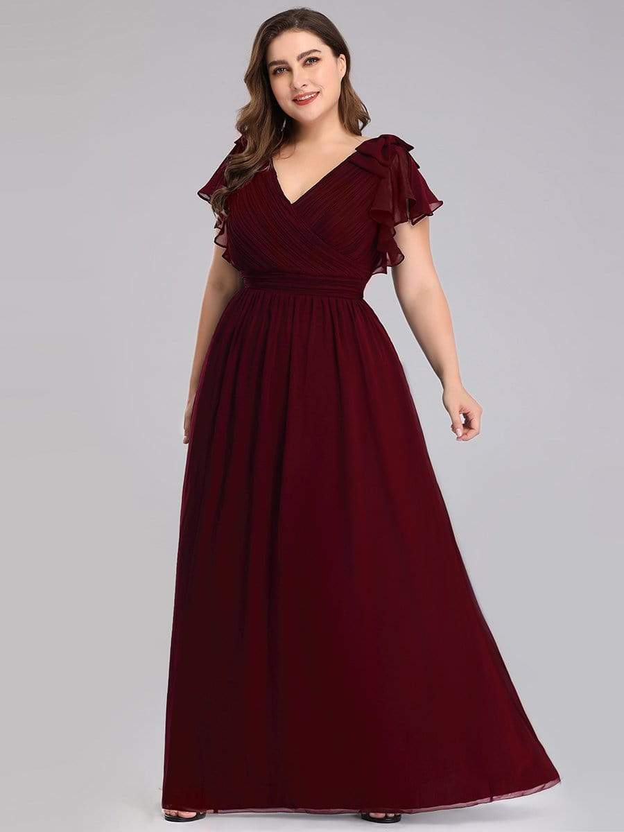 Maxi Long Chiffon Evening Dress for Women with Ruffles Sleeves #color_Burgundy