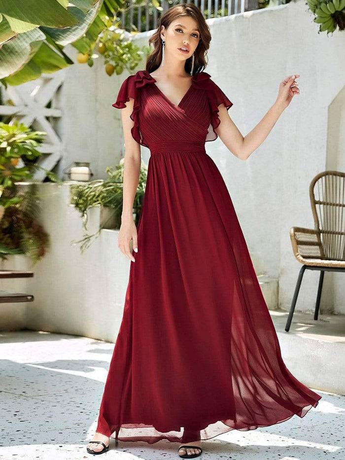 V-Neck Chiffon Maxi Evening Dress with Short Sleeves - Ever-Pretty UK