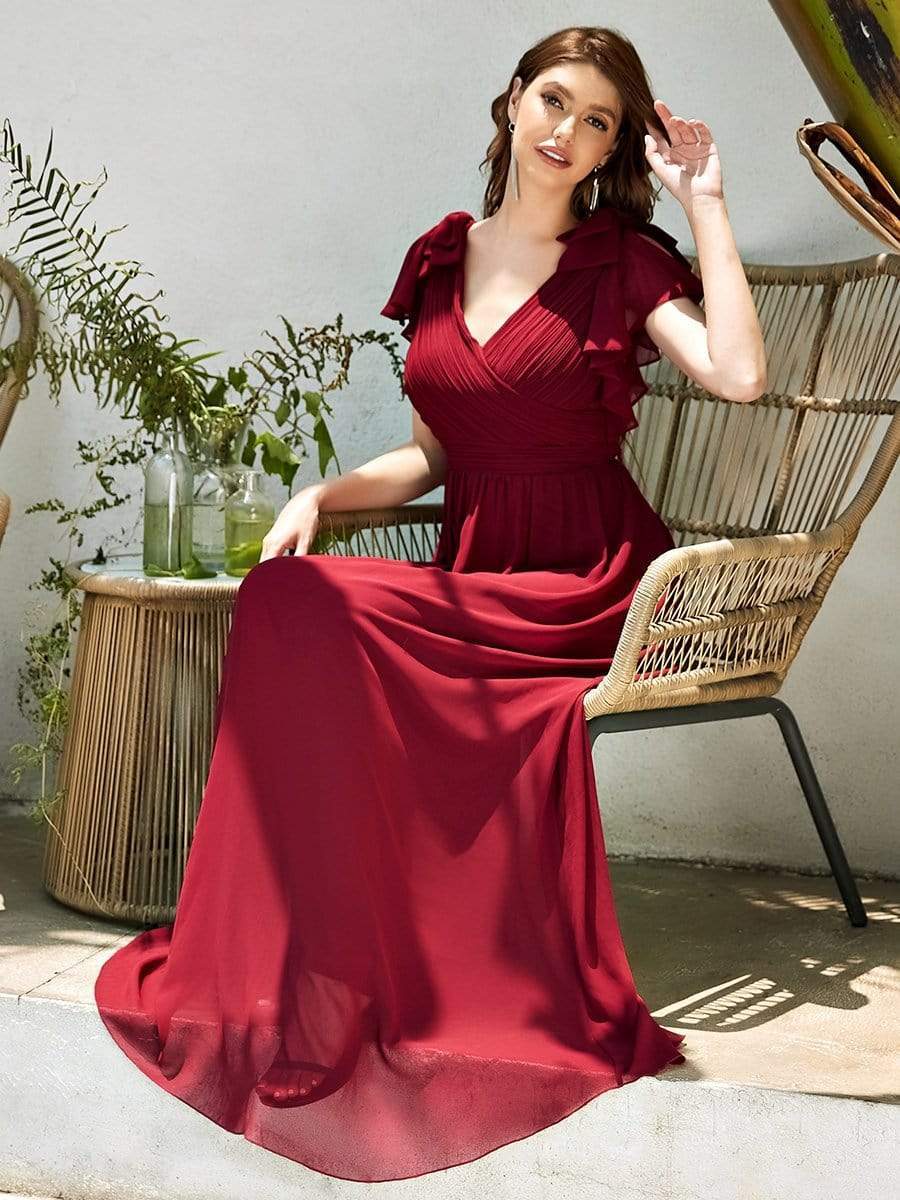 Maxi Long Chiffon Evening Dress for Women with Ruffles Sleeves #color_Burgundy