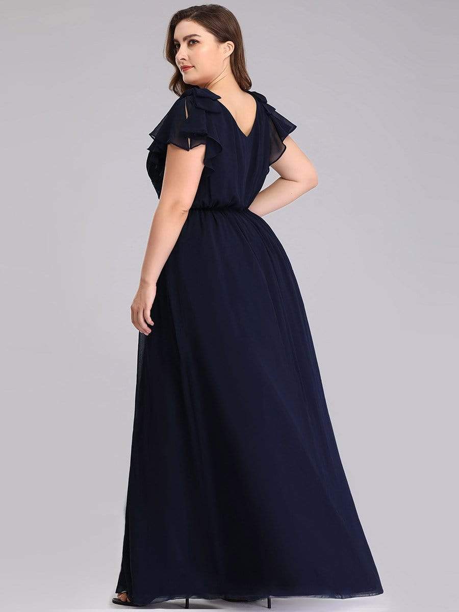 Maxi Long Chiffon Evening Dress for Women with Ruffles Sleeves #color_Navy Blue