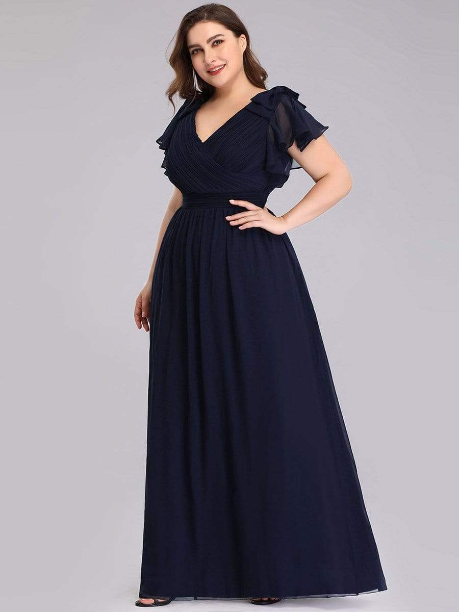 Maxi Long Chiffon Plus Size Evening Dresses with Ruffles Sleeves #color_Navy Blue