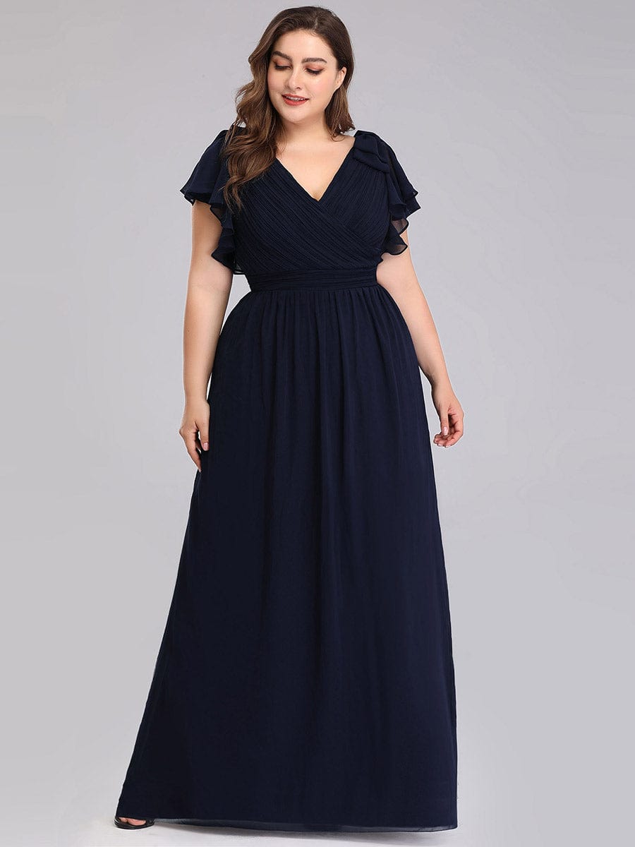 Maxi Long Chiffon Evening Dress for Women with Ruffles Sleeves #color_Navy Blue