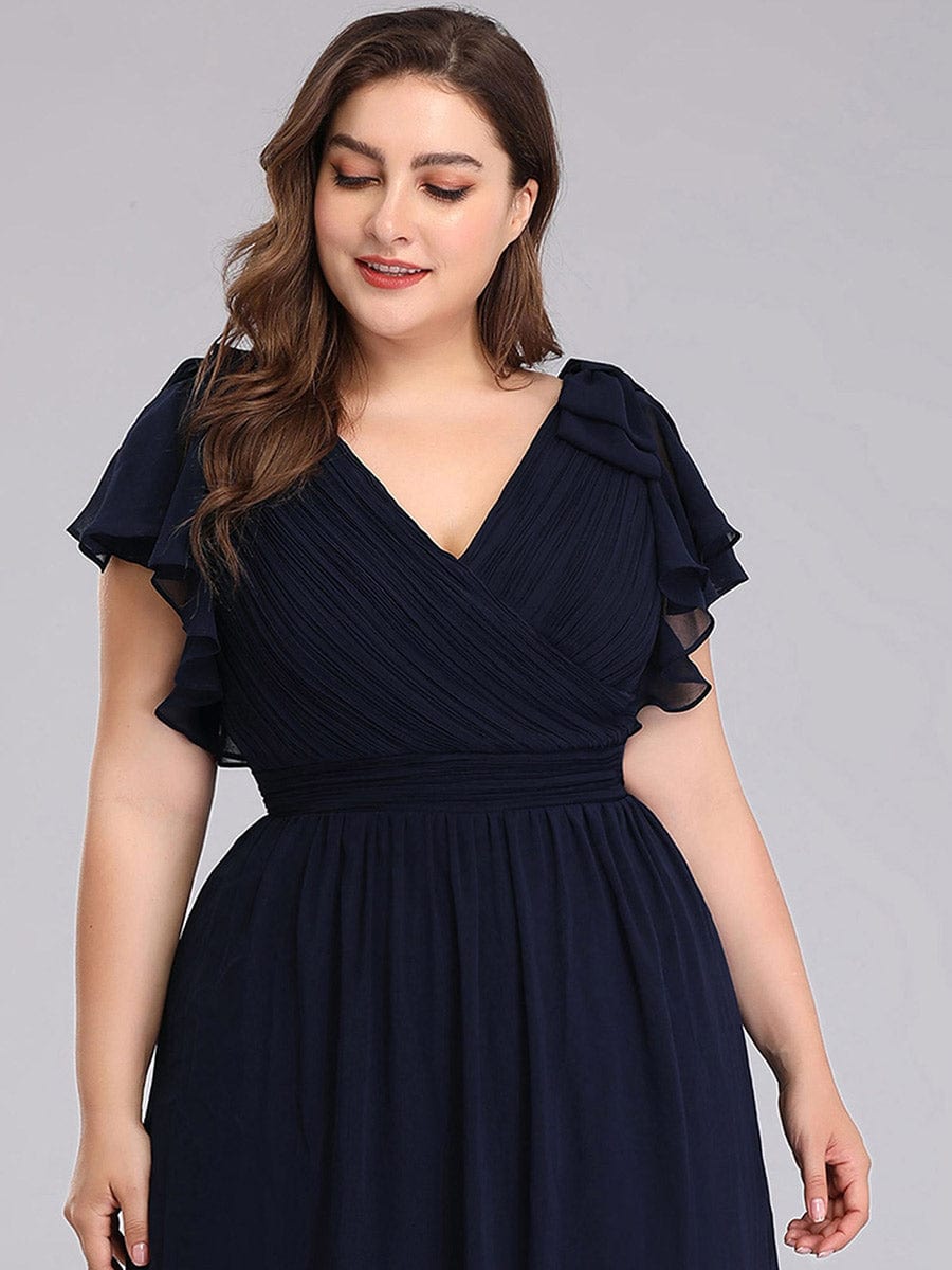 Custom Size Ruffles Sleeves Evening Dress #color_Navy Blue