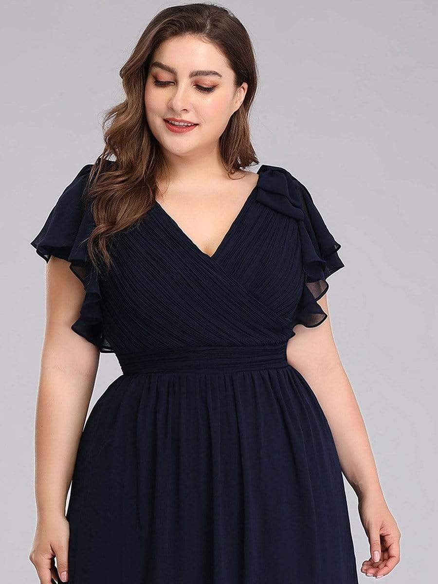 Maxi Long Chiffon Plus Size Evening Dresses with Ruffles Sleeves #color_Navy Blue