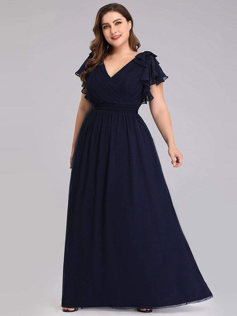 Maxi Long Chiffon Evening Dress for Women with Ruffles Sleeves #color_Navy Blue
