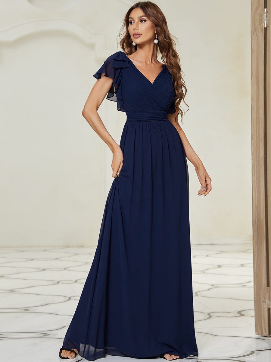 Custom Size Ruffles Sleeves Evening Dress #color_Navy Blue