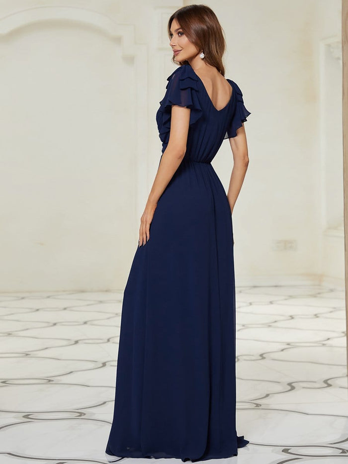 V-Neck Chiffon Maxi Evening Dress with Short Sleeves - Ever-Pretty UK