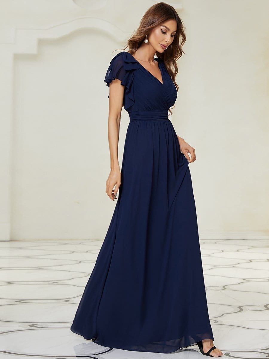 Maxi Long Chiffon Evening Dress for Women with Ruffles Sleeves #color_Navy Blue