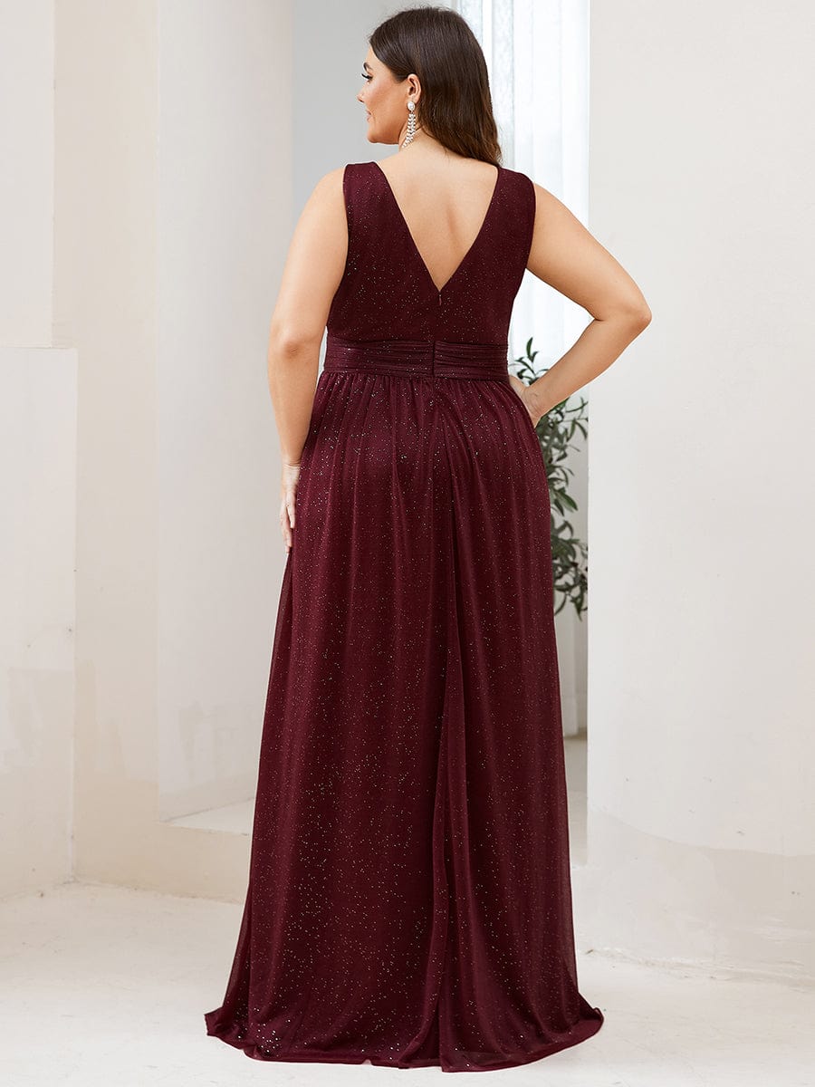 Maxi Double V Neck Floor Length Sparkly Wedding Guest Dress #color_Burgundy