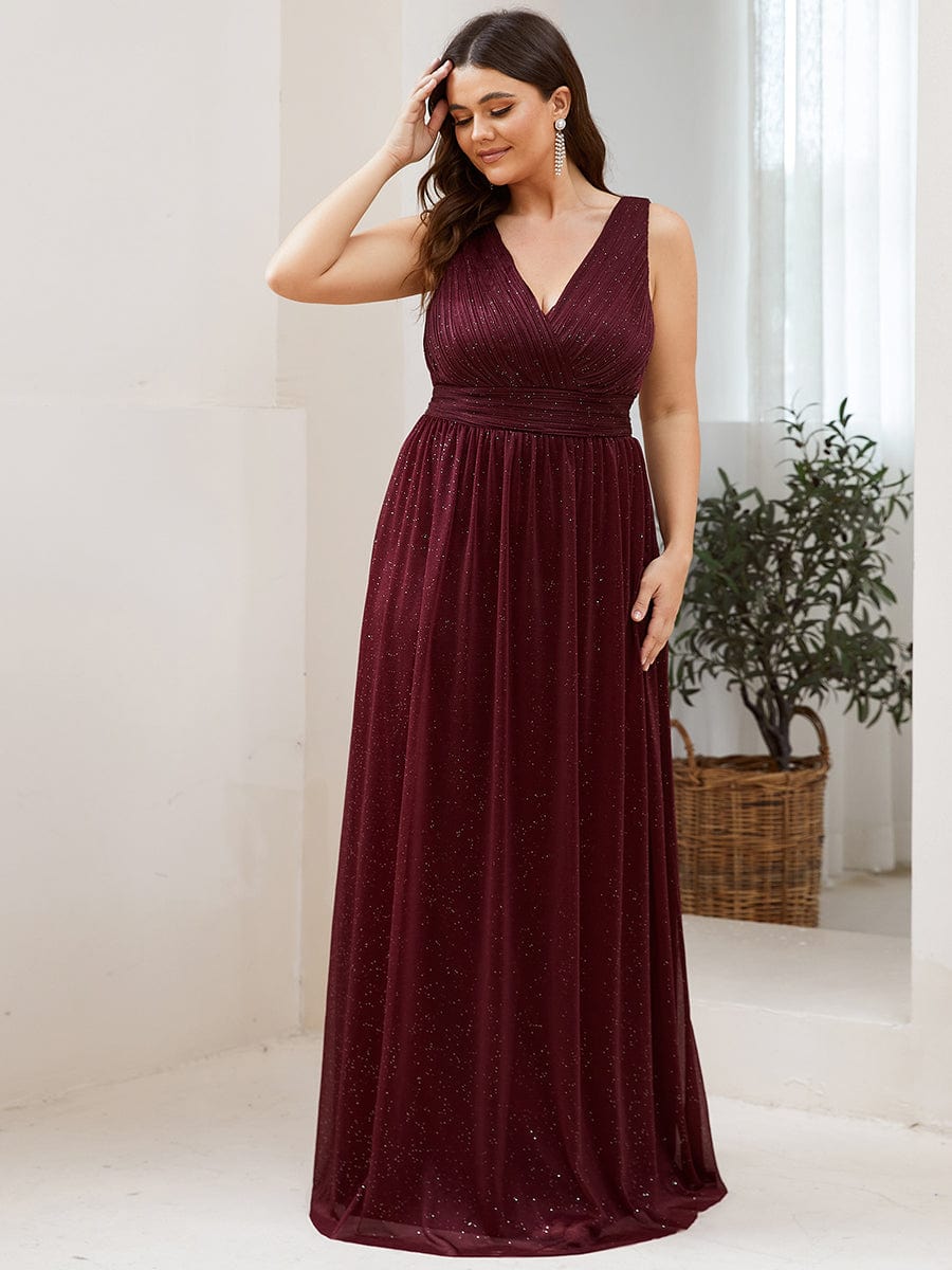 Double V Neck Floor Length Sparkly Evening Dresses for Party #color_Burgundy