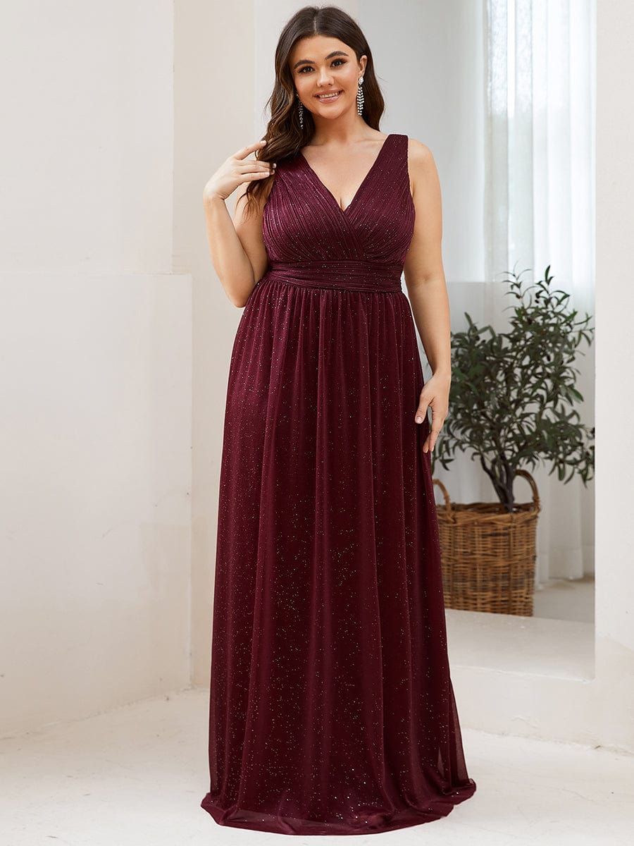 Maxi Double V Neck Floor Length Sparkly Wedding Guest Dress #color_Burgundy