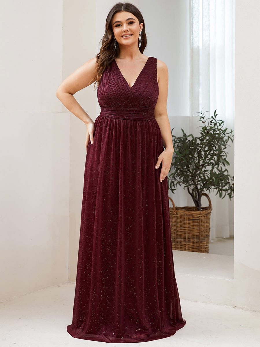 Double V Neck Floor Length Sparkly Evening Dresses for Party #color_Burgundy