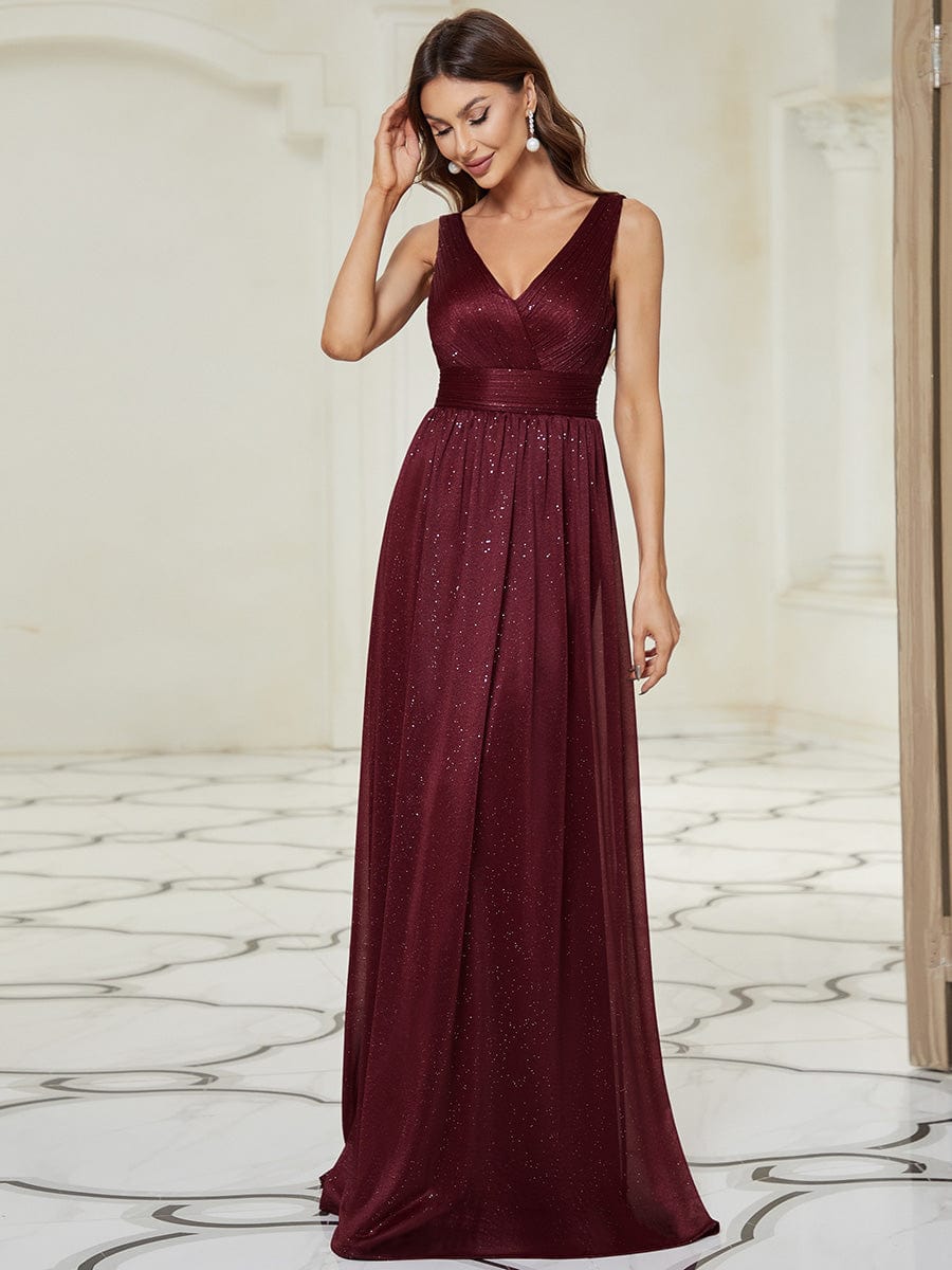 Maxi Double V Neck Floor Length Sparkly Wedding Guest Dress #color_Burgundy