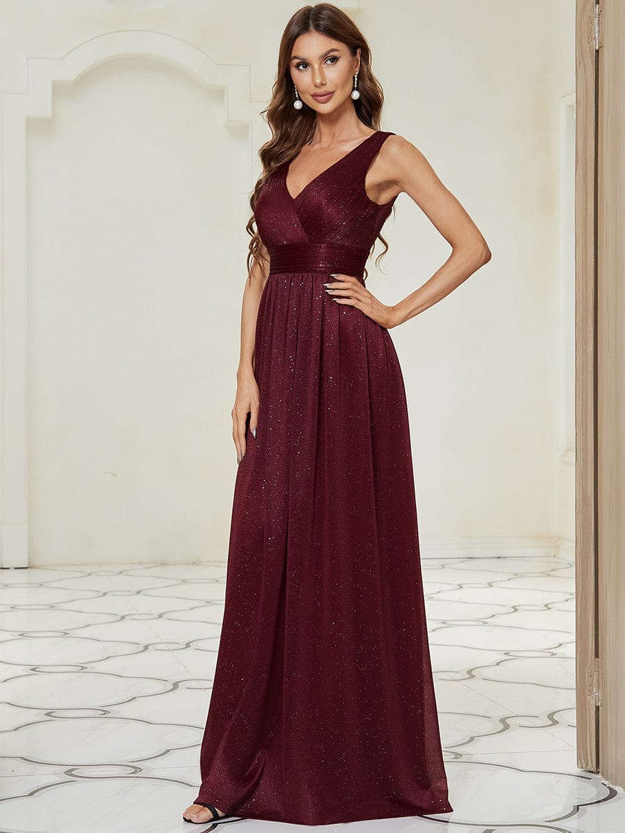 Double V Neck Floor Length Sparkly Evening Dresses for Party #color_Burgundy