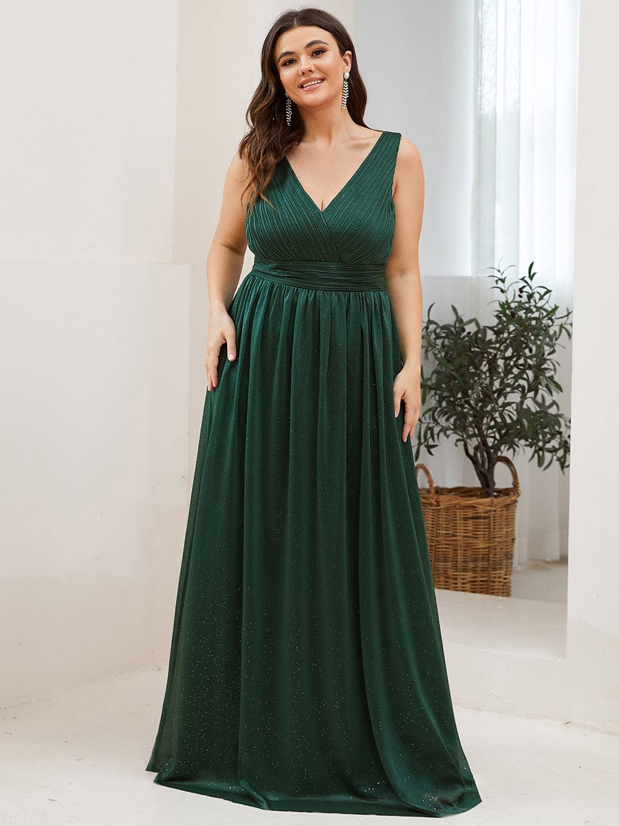 Double V Neck Floor Length Sparkly Evening Dresses for Party #color_Dark Green