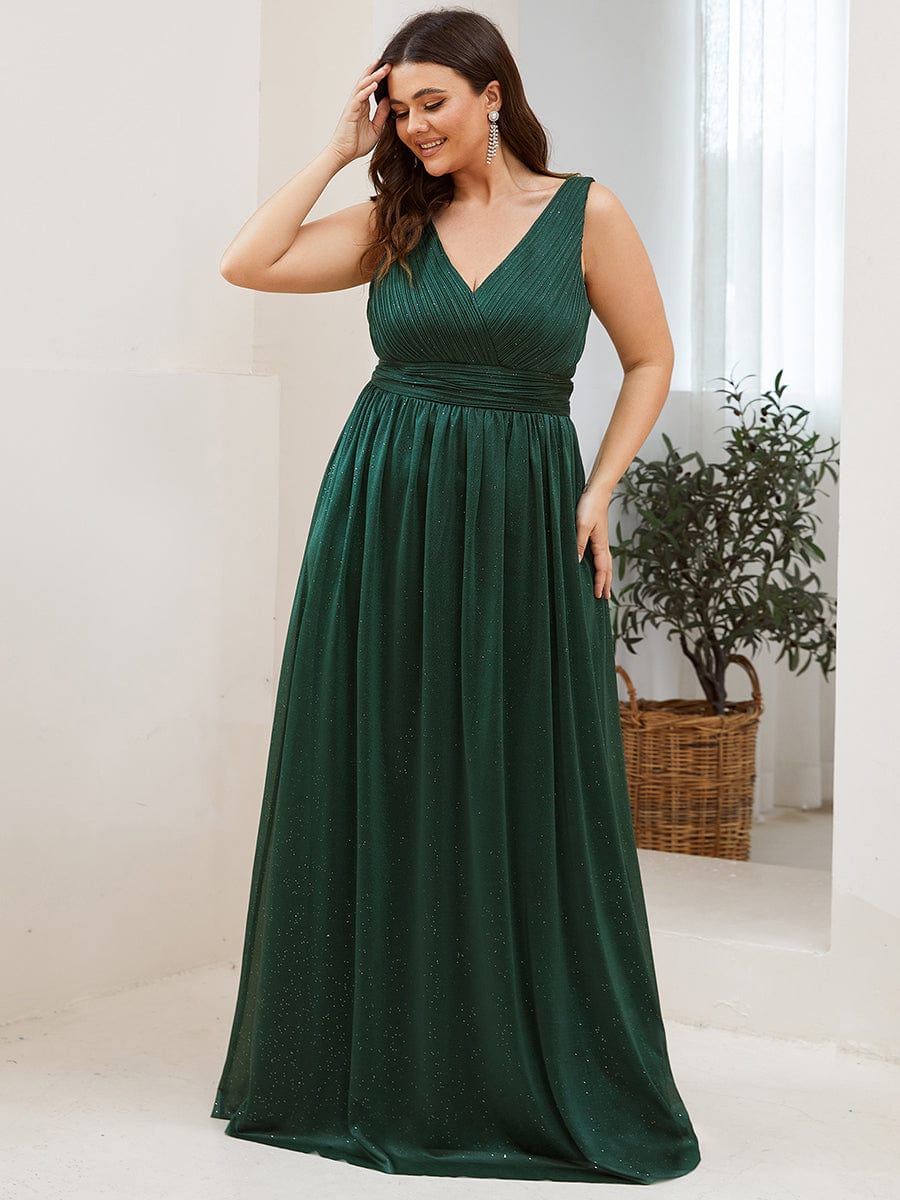 Double V Neck Maxi Long Plus Size Sparkly Evening Dresses for Party #color_Dark Green