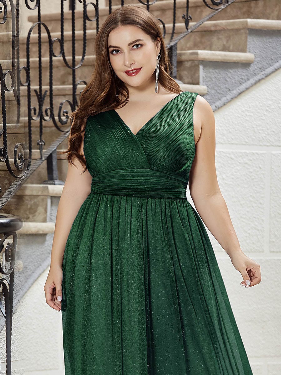 Maxi Double V Neck Floor Length Sparkly Wedding Guest Dress #color_Dark Green