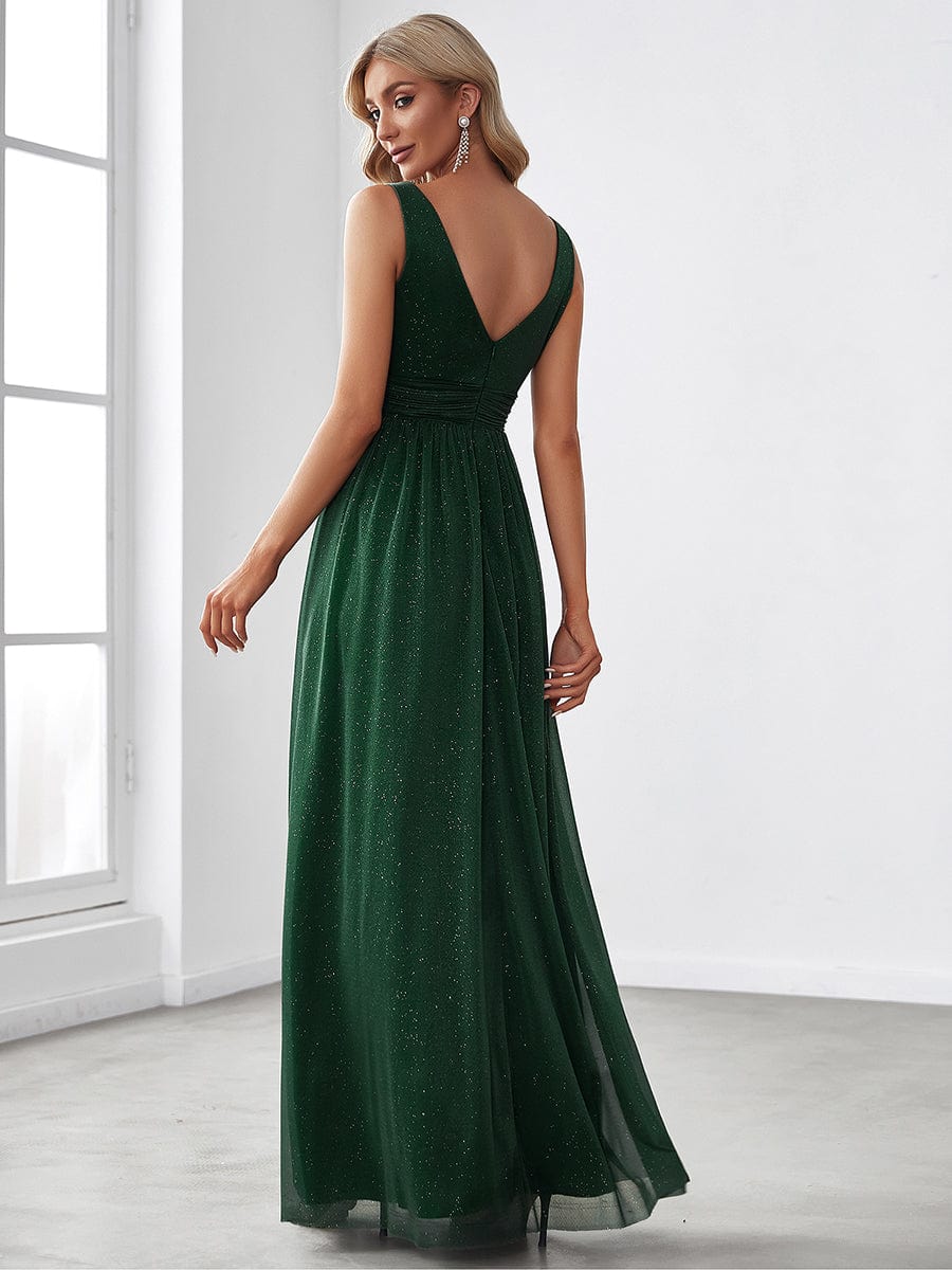 Maxi Double V Neck Floor Length Sparkly Wedding Guest Dress #color_Dark Green