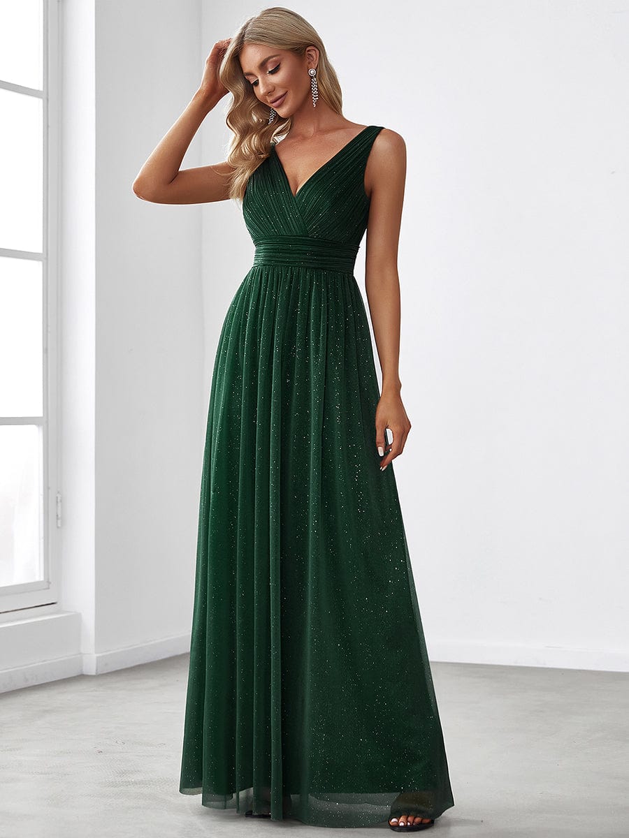 Maxi Double V Neck Floor Length Sparkly Wedding Guest Dress #color_Dark Green