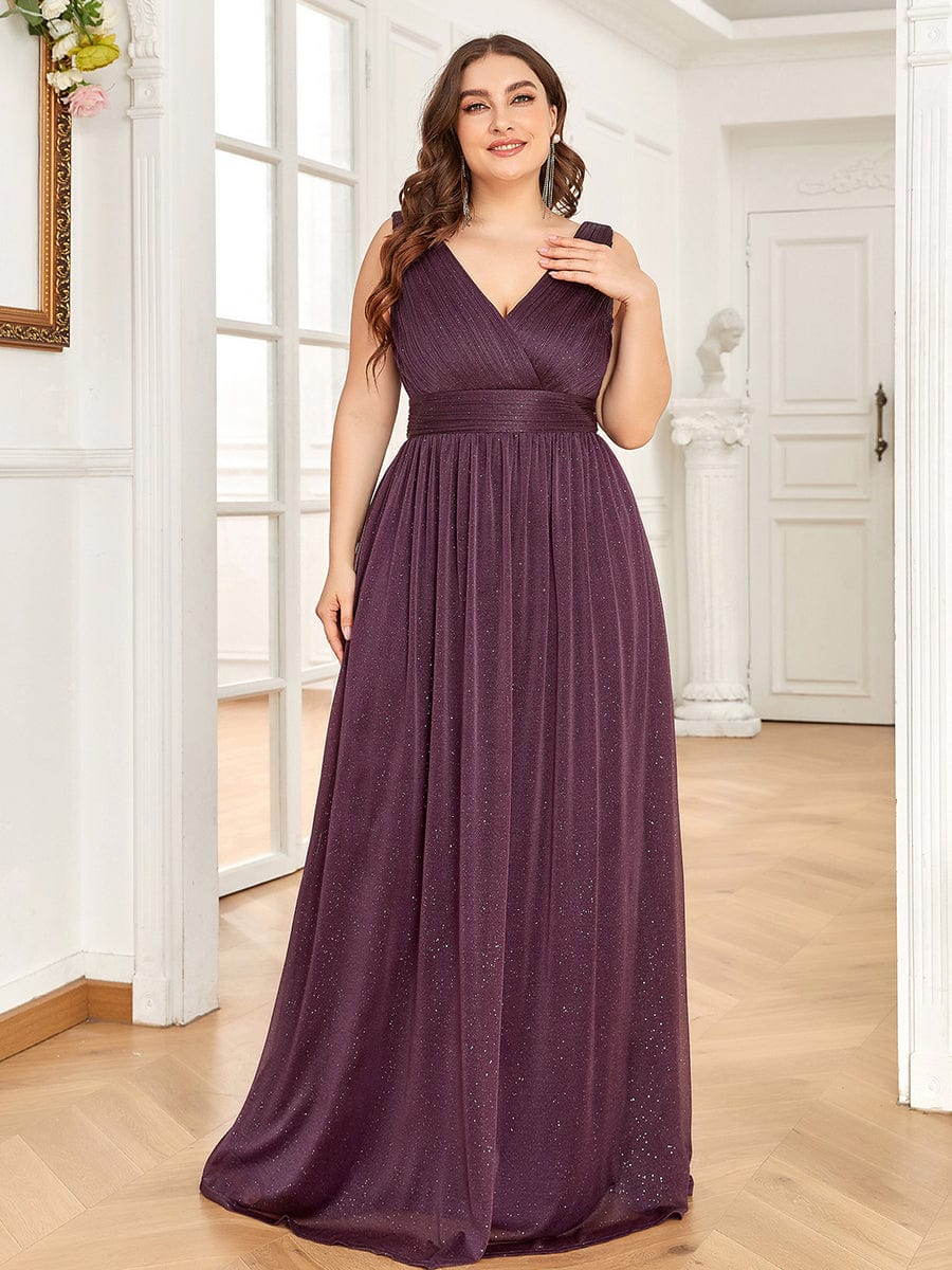 Double V Neck Floor Length Sparkly Evening Dresses for Party #color_Dark Purple