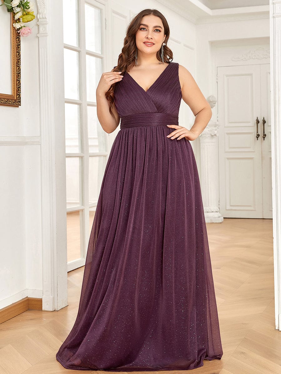 Maxi Double V Neck Floor Length Sparkly Wedding Guest Dress #color_Dark Purple