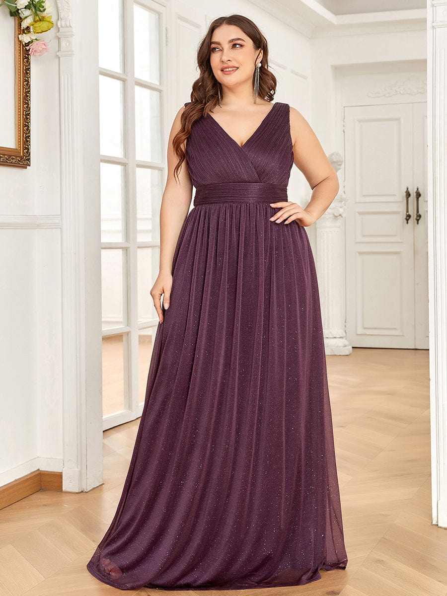 Double V Neck Maxi Long Plus Size Sparkly Evening Dresses for Party #color_Dark Purple