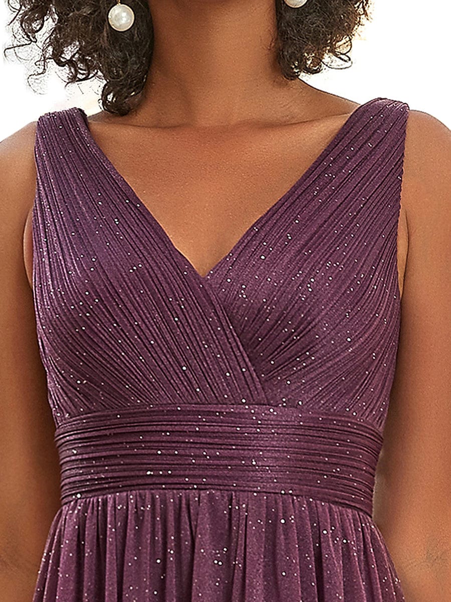 Maxi Double V Neck Floor Length Sparkly Wedding Guest Dress #color_Dark Purple