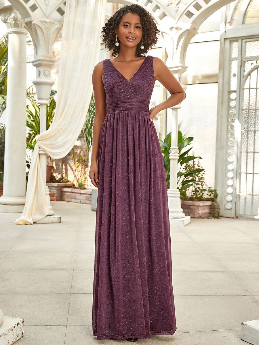 Custom Size Double V Neck Floor Length Sparkly Evening Dresses for Party #color_Dark Purple